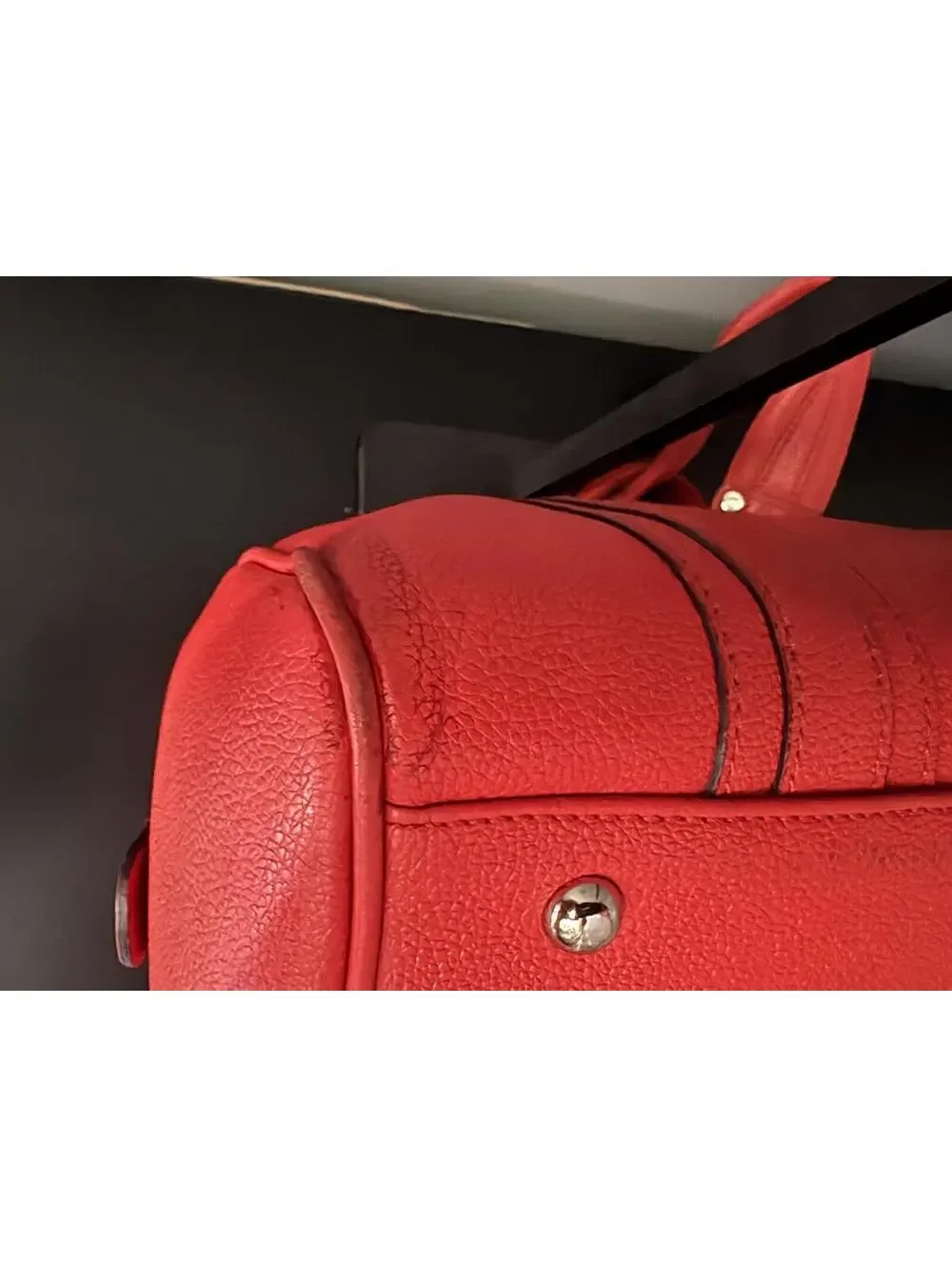 MCM Studded Pebbled Leather Satchel Boston Bag - Coral Red